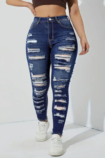 Woochic Pantalon grande taille mi-haut déchiré denim stretch à bords bruts bleu1 XL